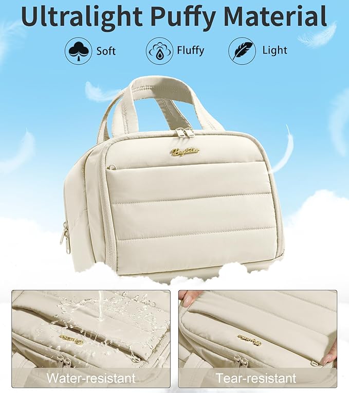 Travel Toiletry Bag for Women, Lightweight Large Quilted Puffy Makeup Bag Wide-open Make up Organizer Cloud Cosmetic Bag w/Handle for Traveling Toiletries, Essentials, Accessories, Beige
