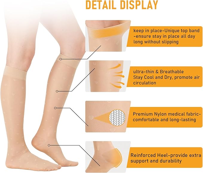 2 Pairs Sheer Compression Socks for Women - 15-20 mmHg Knee High Sheer Compression Stockings for Support Circulation Swelling Edema Work Office Travel, Heart, Large