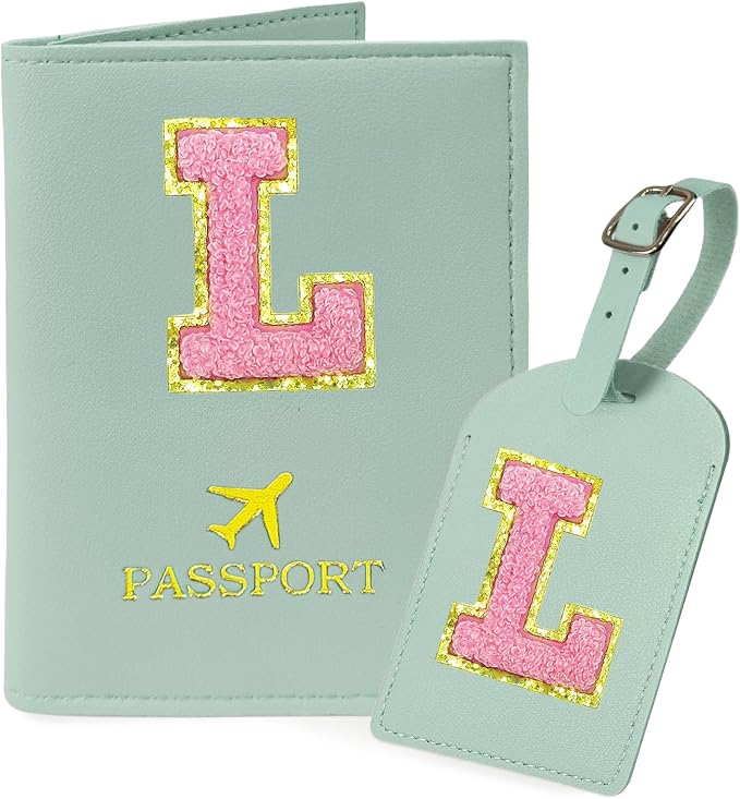 COSHAYSOO Initial Passport Cover Luggage Tag Set Letter Passport Holder Airplane Cruise Travel Essentials Vacation Traveling Accessories Personalized Gifts for Women Teen College Girls Teal L