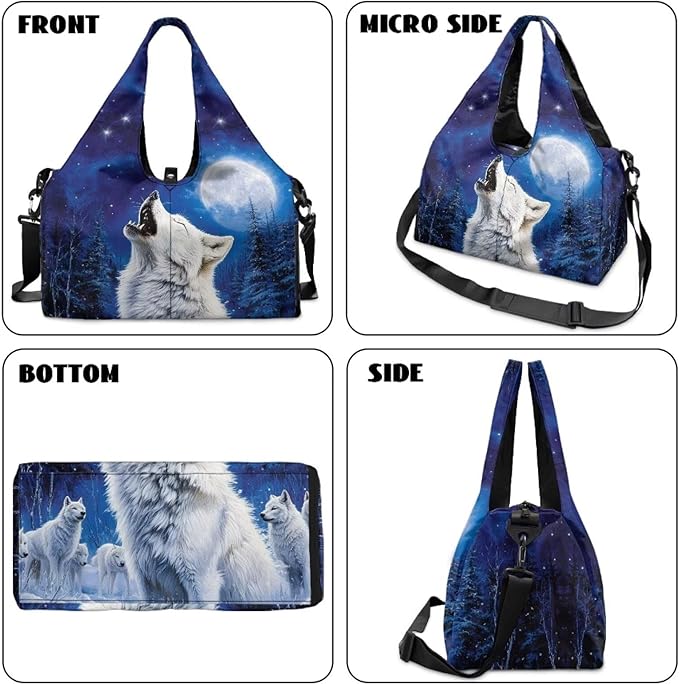 Large Capacity Wolf Gym Bag for Men with Shoe Compartment and Yoga Mats Holder Portable Blue Wolf Moon Duffel Bag with Zipper Pockets Workout Fitness Sports Tote Bag with Shoulder Strap