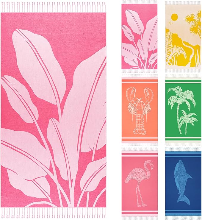 Genovega Oversized Cotton Turkish Beach Towels 72"x36" Lightweight Quick Dry Sandless Pool Swim Towel Large No Sand Adult Travel Compact Blanket Essentials Cruise Accessories Must Haves Pink Leaves