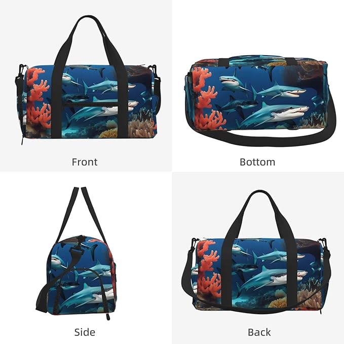 Submarine shark coral Print Gym Bag with Shoe Compartment for Women Men, 17.7in Sports Duffle Weekender Tote, Overnight Travel Duffel Bag Carry On