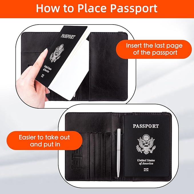 WALNEW Passport Holder for Travel, RFID Passport Cover Wallet for Women Men, PU Leather Passport Book Card Holder Case with Pen, Travelling Essentials for Flying