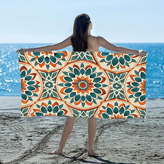 Ethnic Style Mandala Floral Beach Towel, Large Microfiber Quick Dry Lightweight Pool Bath Towels Sand Free Beach Blanket for Summer Cruise Yoga Camping Travel Vacation Essentials 31 x 61 in