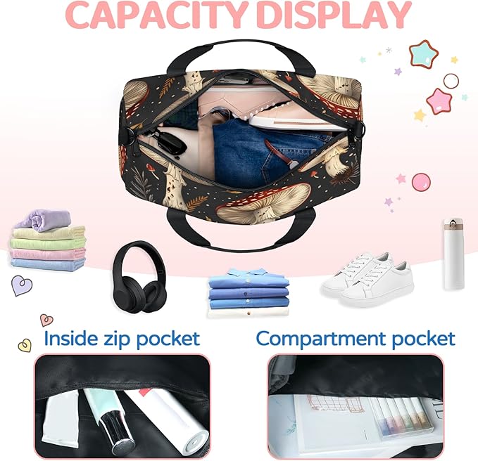 Boho Mushroom Travel Duffle Bag for Women Men, Overnight Weekender Bag, Carry on Tote for Sport Gym