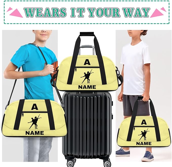 Personalize-Kids-Sports-Duffel-Bags With Custom Name Text Carry-On Overnight Travel Gym Lightweight Dance Pattern Sports Bags For Girls Boys Kids,Yellow