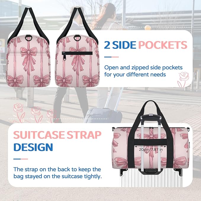 Bow Tie Overnight Travel Bag Unisex Pink Carry-On Size Tote Bag Suitable for Travel Duffle Gym Sports