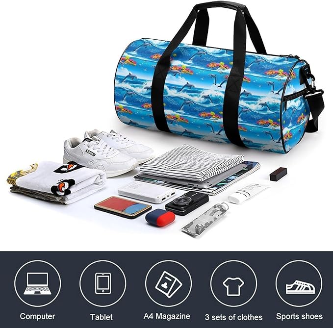 Basketball Football Weekender Bag Strong Waves Jumping Dolphin Great Ocean Wave Blue Carry on Beach Yoga Overnight Luggage Bag Sports Gym Bags for Men Women