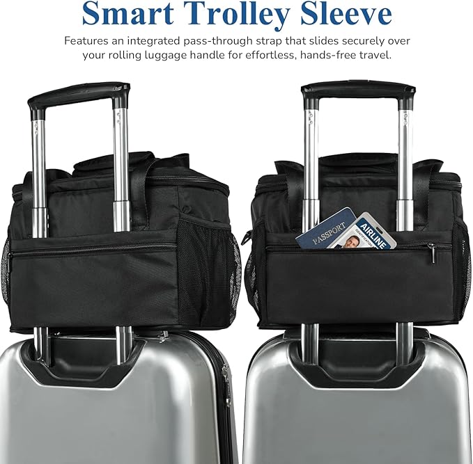 Gloppie Flight Crew Lunch Bag with Luggage Trolley Sleeve - Professional Insulated Cooler Bag for Flight Attendants & Pilots, Leakproof Lunch Box with Reinforced Structure for Travel & Work, Black XL