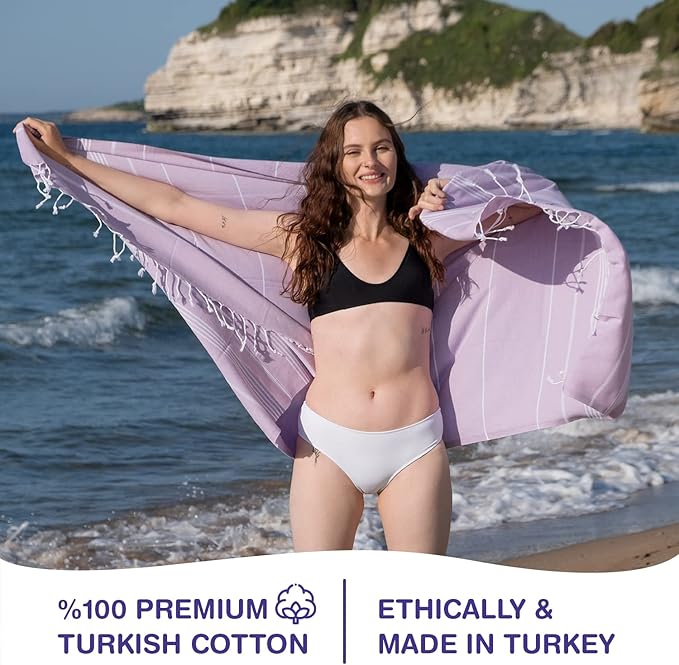 Turkish Beach Towels, Pack of 6 | Oversized, Quick Dry, Sand Free | 100% Cotton, Large 38x71 Towels for Beach, Pool, Travel | Ultra-Soft, Compact, and Absorbent | Lilac