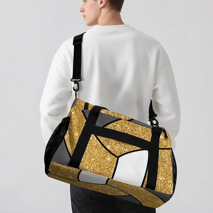 Custom Gold Glitter Print Volleyball Duffel Bag with Name Personalized Travel Bags Sport Gym Bag Carry On Weekender Bags for Men Women