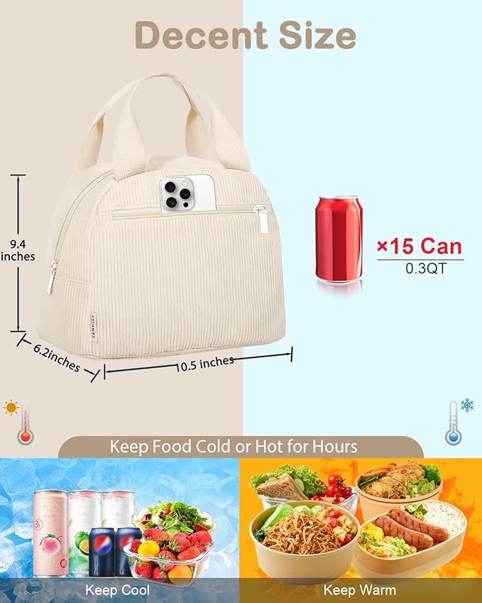 Cute Lunch Box Tote Bag - Corduroy Insulated Cooler Bags for Women - Lightweight Reusable Portable Soft Lunch Pail Kit for Kids Teen Girl Adults Work School Picnic Travel White 12L