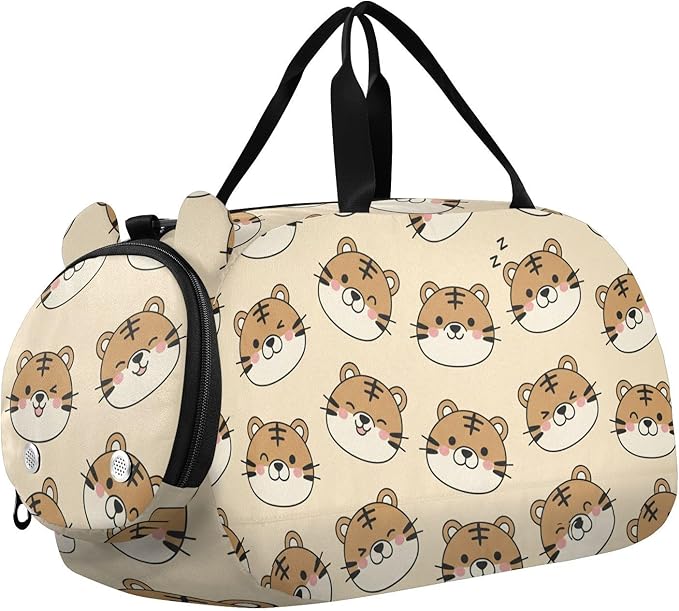 Cartoon Tiger Print Kids Sports Duffle Bag for Boys Girls Toddler Weekender Overnight Bag with Shoe Compartment & Wet Pocket Kids Dance Bag for Gym Dance Sport Travel