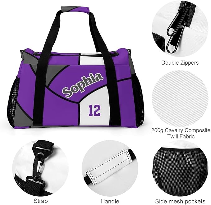 Custom Volleyball Purple Duffel Bag with Name Personalized Travel Bags Sport Gym Bag Carry On Weekender Bags for Men Women