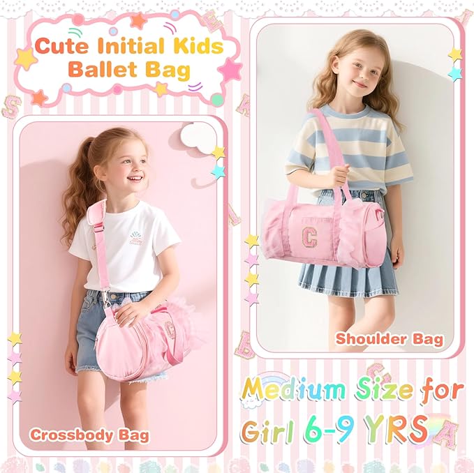 Personalized Initial Dance Bag for Girls 6-9, Medium Lace Gym Sport Yoga Cheer Dance Bags Gift for Teen Girls, Cute Letter Kids Ballet Bag Toddler Travel Duffel Tote with Adjustable Straps(Pink-C)