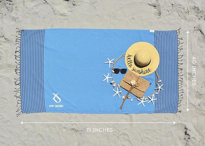 RAY SILVER Turkish Beach Towel – 100% Turkish Cotton 40"x71" Quick Dry Oversized Beach Towel Sand Free Lightweight Turkish Towel for Travel Camping Bath Sauna Beach Pool Gym Yoga