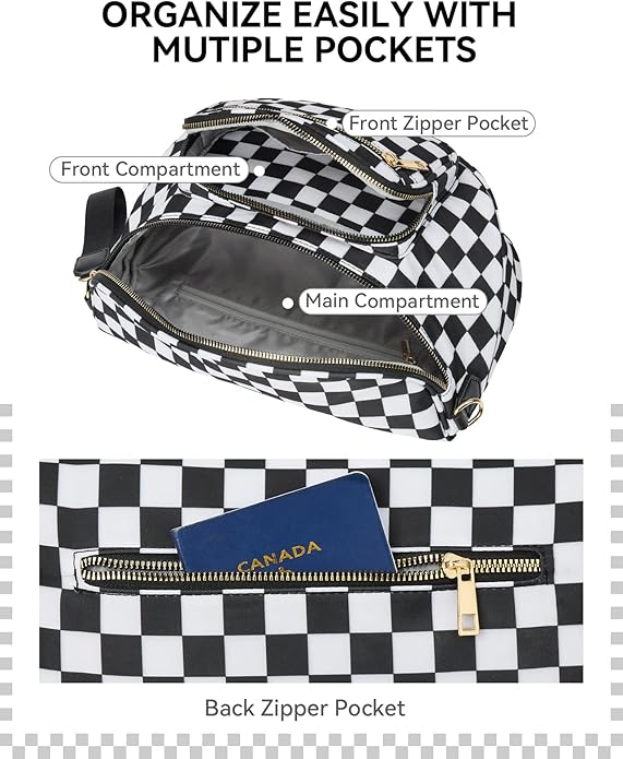 BOSTANTEN Crossbody Bags for Women Cross Body Purse Checkered Bum Bag, Large Diaper Purse for Moms, Perfect for Work/Travel