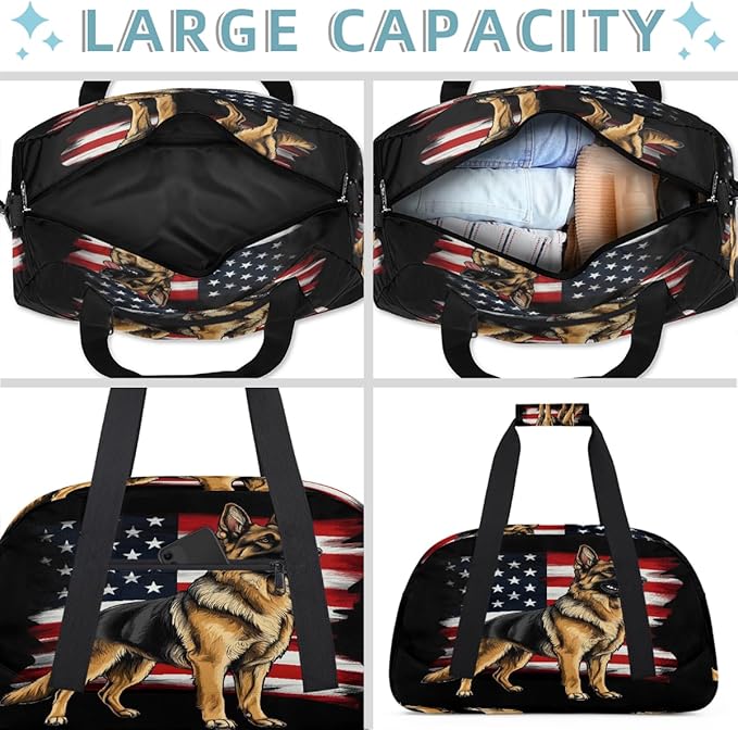 Kids Duffle Bag Girls Boys American Flag Shepherd Dog On Black Weekender Overnight Bag,Lightweight Duffel Bags for Traveling Gym Sport Dance