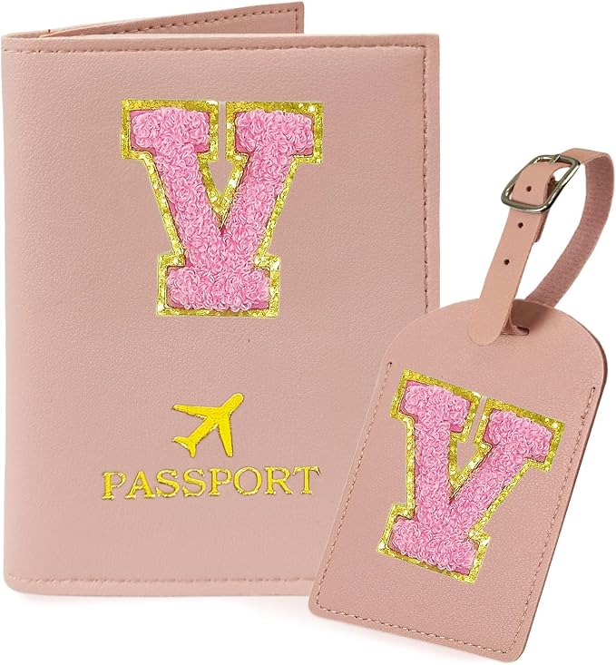 COSHAYSOO Initial Passport Cover Luggage Tag Set Letter Passport Holder Airplane Cruise Travel Essentials Vacation Traveling Accessories Personalized Gifts for Women Teen College Girls Pink V