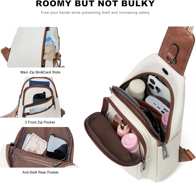 7L Crossboydy Sling Bag for Women Vegan Leather Crossbody Purse Fanny Pack Chest Bag for Travel, Beige