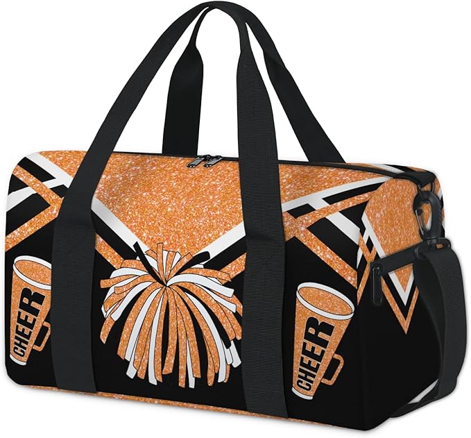 Custom Sports Cheer Gym Bag for Women Teens, Orange Glitters Black Cheerleading Theme Personalized Travel Overnight Small Duffel Gymnastics Swimming Sleepover Overnight Sports Bag
