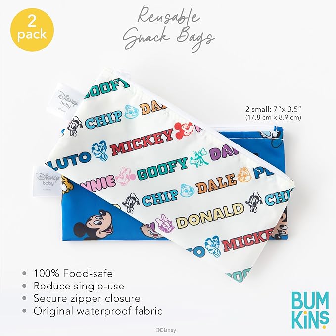 Bumkins Disney Reusable Snack Bags, for Kids School Lunch and for Adults Portion, Washable Fabric, Waterproof Cloth Zip Bag, Supplies Travel Pouch, Food-Safe Storage, 2-pk Mickey and Friends
