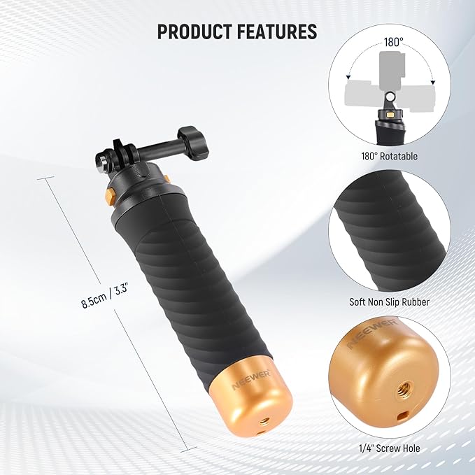 NEEWER Quick Release Floating Hand Grip for Action Camera, Underwater Handle Stick Mount with Detachable Camera Mount Adapter Wrist Strap, Compatible with GoPro13 12 11 10 9, GP23