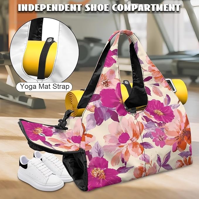 Vintage Floral Duffle Bag Women with Shoe Compartment and Yoga Mat Holder Pink Sports Duffel Bag with Wet Pockets for Women, Stylish Portable Fitness Sport Tote Bag