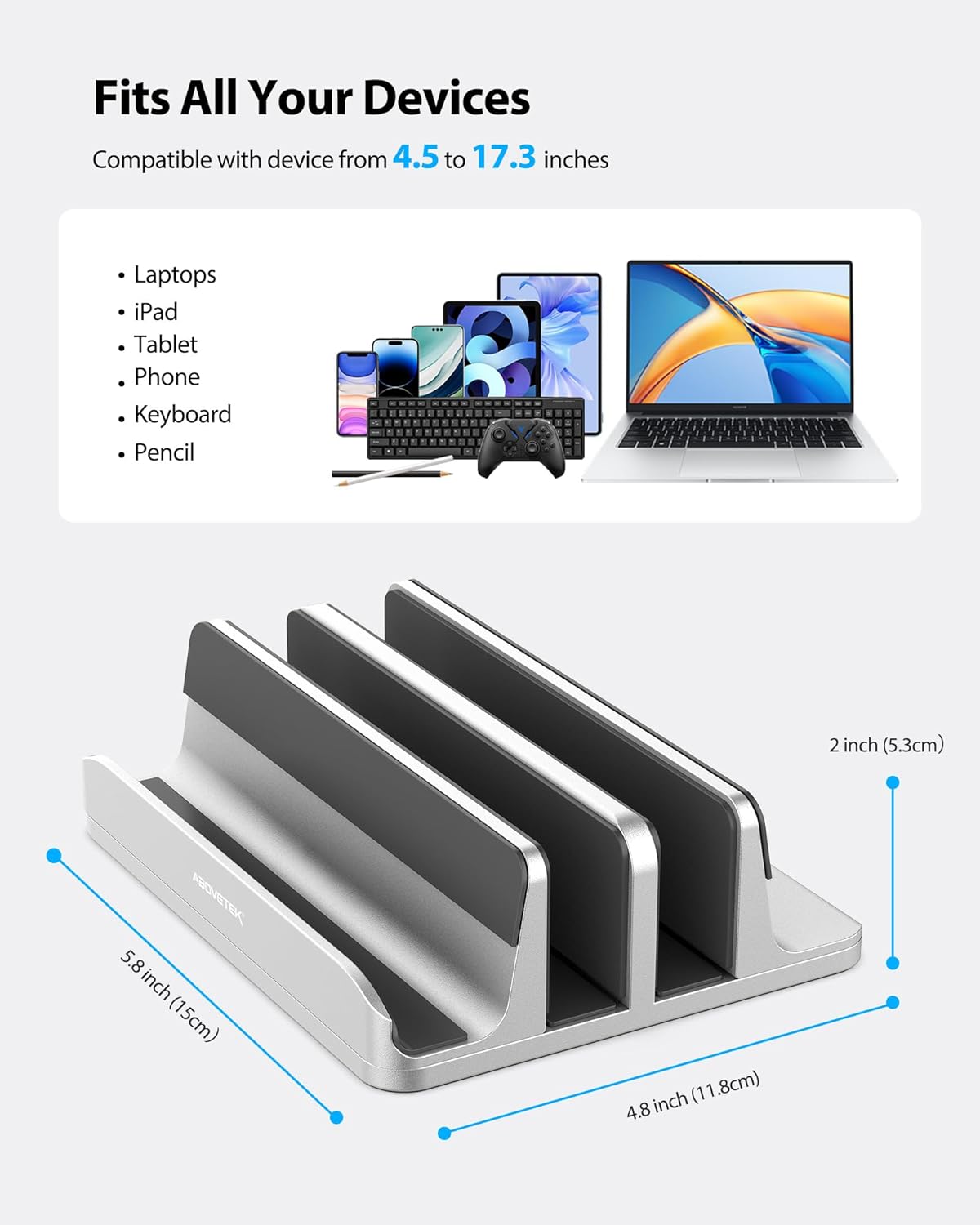 AboveTEK Vertical Laptop Stand, 3 Slots Aluminum Desk Laptop Holder & Laptop Docking Station Stand for MacBook, Tablet, Phone - Universal Fit (Up to 17.3") - Heavy Duty Polished, Anti Slide - Silver