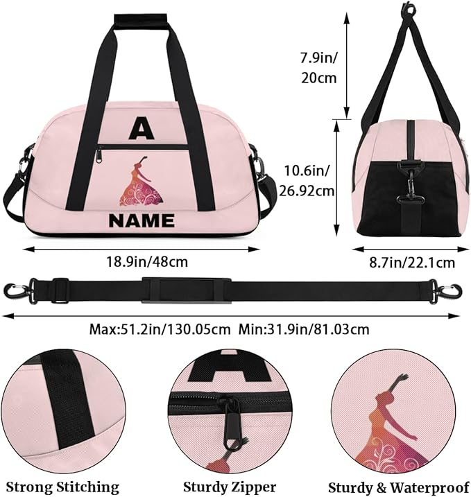 Personalize-Kids-Sports-Duffel-Bags With Custom Name Text Carry-On Overnight Travel Gym Lightweight Dance Pattern Sports Bags For Girls Boys Kids,Pink 2