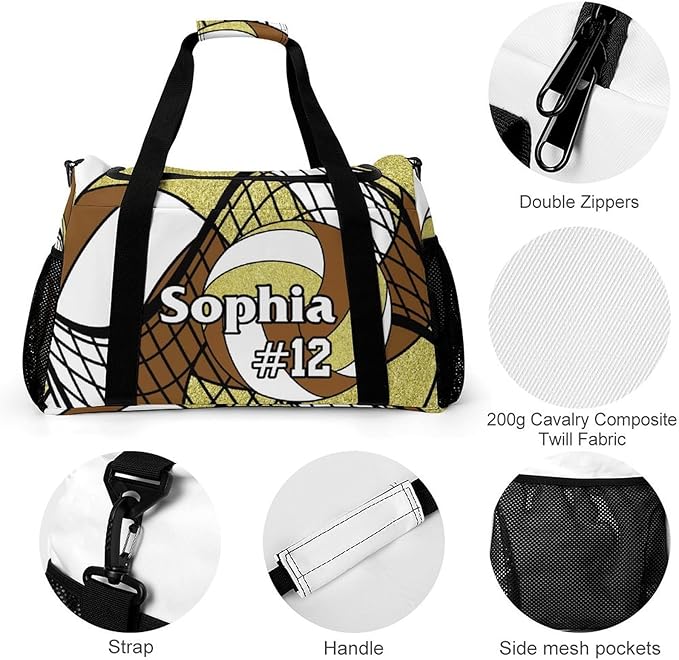 Custom Volleyball Brown Gold Duffel Bag with Name Personalized Travel Bags Sport Gym Bag Carry On Weekender Bags for Men Women