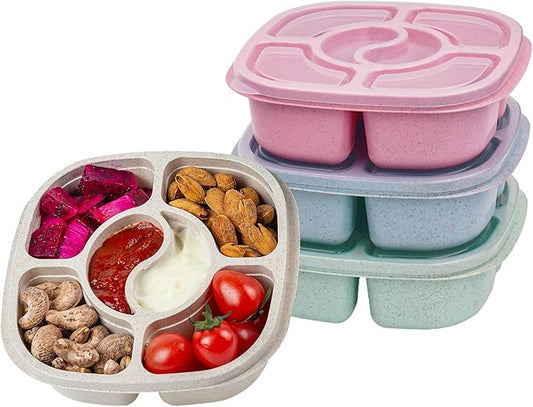 4 Pack Snack Containers, 6 Compartments Snack Box Containers with Lids, Reusable Meal Prep Lunch Containers BPA-Free, Divided Food Storage Containers for Work Travel