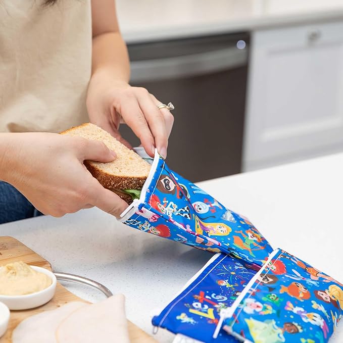 Bumkins Disney Reusable Sandwich and Snack Bags, for Kids School Lunch and for Adults Portion, Washable Fabric, Waterproof Cloth Zip Bag, Travel Pouch, Food-Safe Storage, 3-pack, 100 Years Celebration