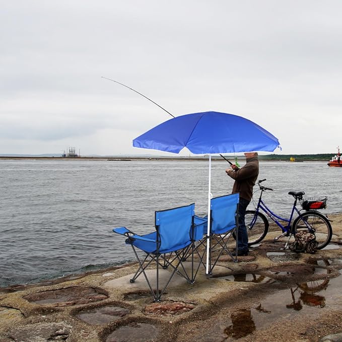 Outvita Folding Double Camping Chair w/Umbrella Beverage Holder Carrying Bag Cooler Fold Up Table, Large Bearing Capacity for Beach Patio Pool Park Outdoor Blue