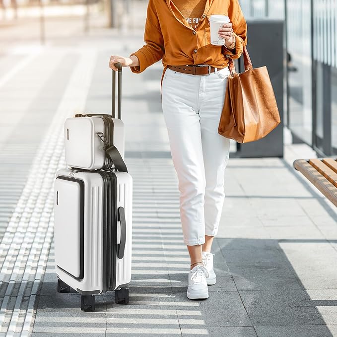 22 Inch Carry On Luggage 22x14x9 Airline Approved, Small Carry On Suitcase, Hard-shell Carry-on Luggage with Wheels, Durable Expandable White Luggage Carry-On with Cosmetic Case