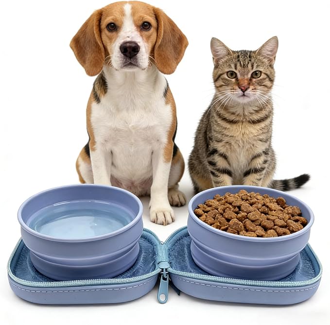Portable Dog Bowl, Collapsible 2-in-1 Travel Dog Bowls with Carabiner Clip, Silicone Double Pet Food and Water Dish for Outdoor Camping and Hiking (Blue)
