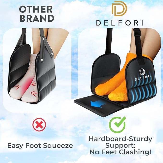 Portable Airplane Footrest for Airplane Travel - Comfortable Foot Hammock w/Memory Foam & Hardboard for No Feet Clashing - Ideal for Pain and Swelling Relief - Travel Essentials to Relax Your Feet