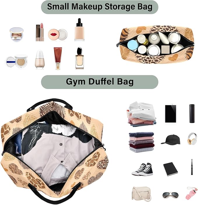 Travel Duffle Bag, Leopard Print Heart Gym Bag with Storage Bag Weekender Overnight Bag for Men Women Trip Sports Yoga