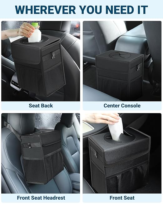 Capolo Car Trash Can with Lid, Leakproof Car Trash Bag Hanging Waterproof Automotive Garbage Can with Storage Pockets Mini Vehicle Trash Bin for Back/Front Seat(Black,4 Gallon)