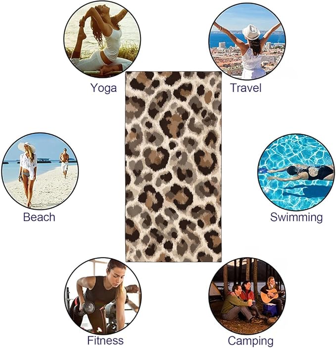 Leopard Print Beach Towel, 36"x72" Sand Free Quick Dry Thin Lightweight Microfiber Towel Gifts for Swimming Travel