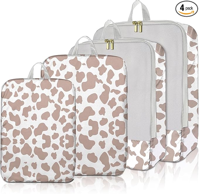 4 Set Packing Cubes Travel Luggage Organizers Compression cubes for Suitcase Travel Accessories for Women Girls Aesthetic Cute-Brown Cow Pattern