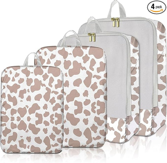 4 Set Packing Cubes Travel Luggage Organizers Compression cubes for Suitcase Travel Accessories for Women Girls Aesthetic Cute-Brown Cow Pattern