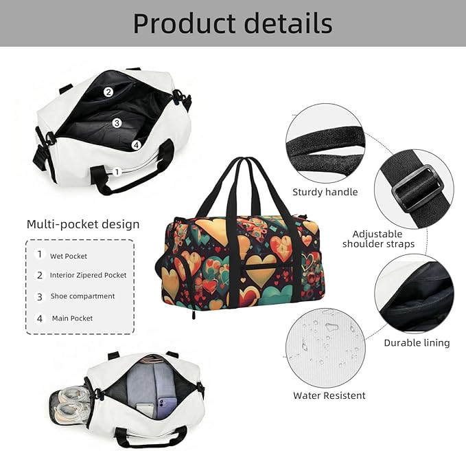 Colorful hearts Print Gym Bag with Shoe Compartment for Women Men, 17.7in Sports Duffle Weekender Tote, Overnight Travel Duffel Bag Carry On