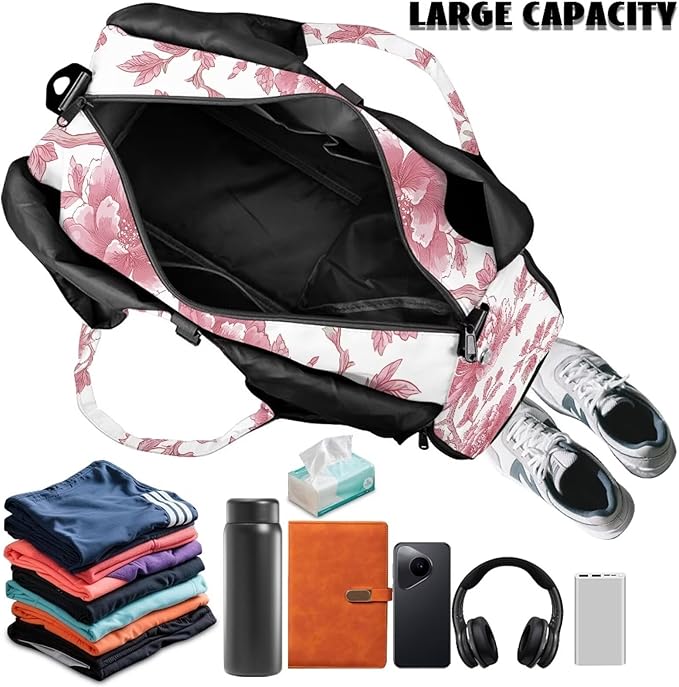 Pink Floral Gym Bag with Yoga Mat Holder and Shoe Compartment, Extra Large Vintage Flower Overnight Bag with Wet Pocket, Adjustable Shoulder Strap Fitness Sport Tote Bag