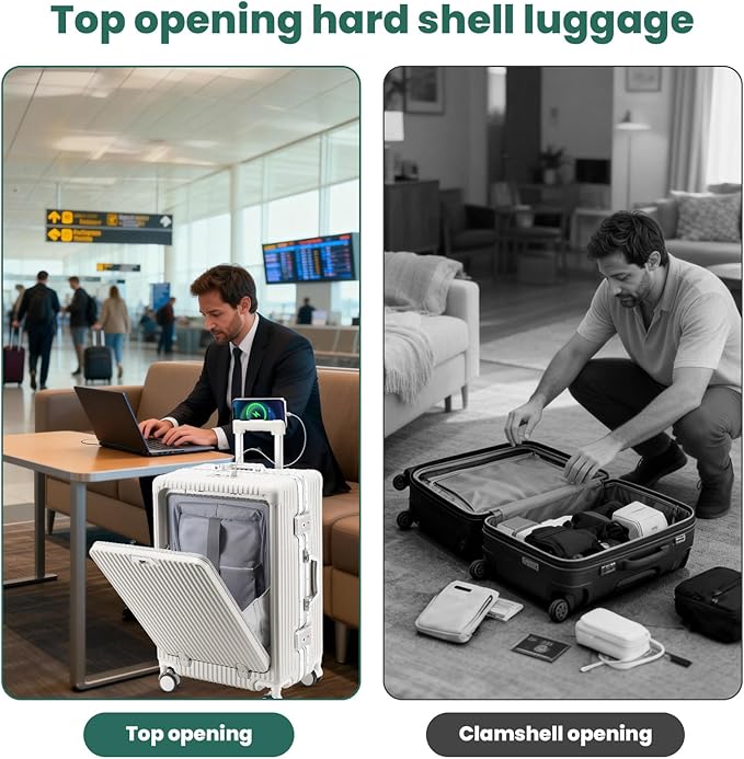 20 Inch Aluminum Frame Carry On Luggage with Front Pocket, USB Port, Phone Holder & Cup Holder, Hard Shell Spinner Suitcase for Airplane Travel, White