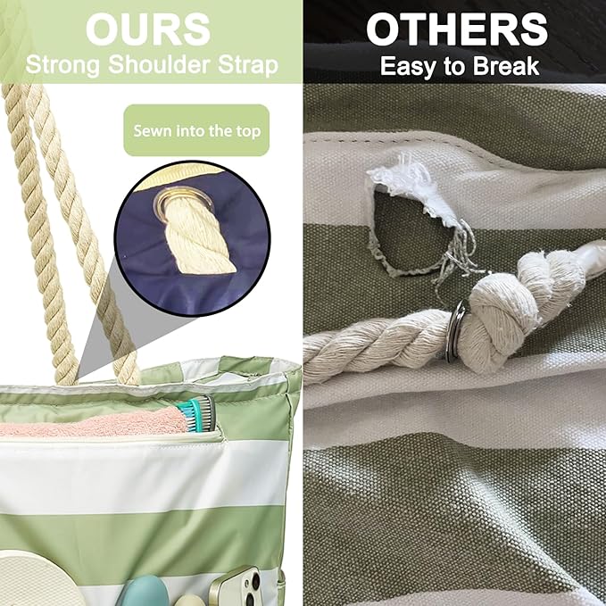 Large Canvas Beach Bag for Women, Beach Bags Waterproof Sandproof with Zipper & Wet Bag Cruise Essentials
