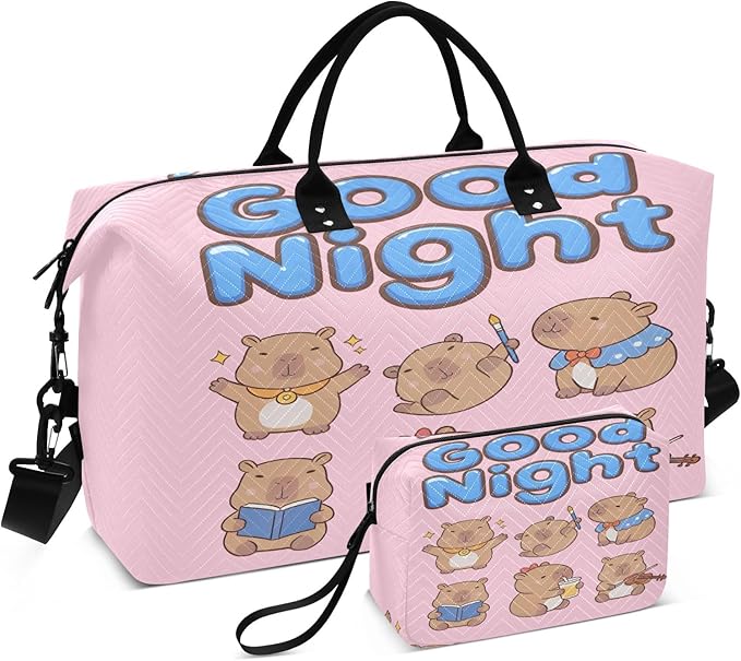 Travel Duffle Bag, Cute Good Night Capybara Gym Bag with Storage Bag Weekender Overnight Bag for Men Women Trip Sports Yoga