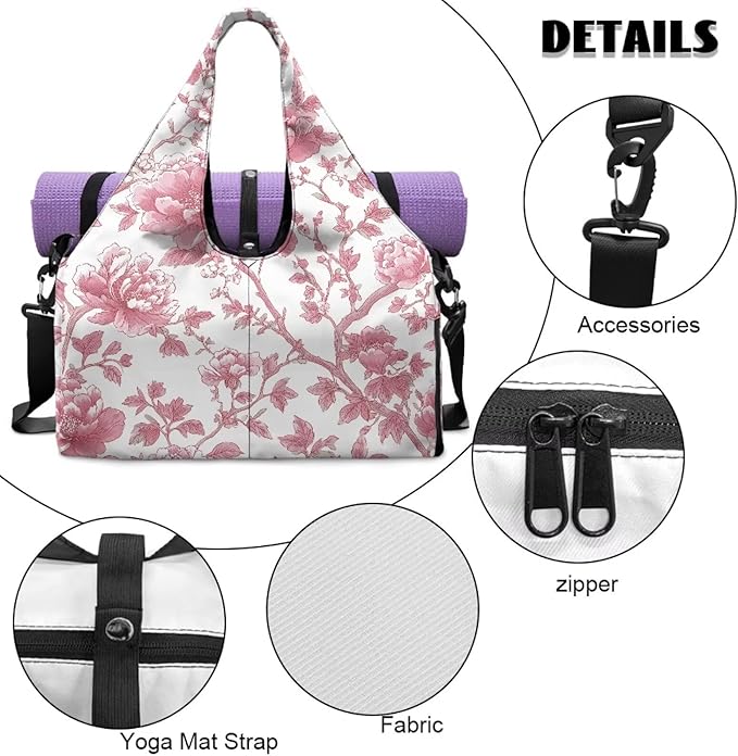Pink Floral Gym Bag with Yoga Mat Holder and Shoe Compartment, Extra Large Vintage Flower Overnight Bag with Wet Pocket, Adjustable Shoulder Strap Fitness Sport Tote Bag