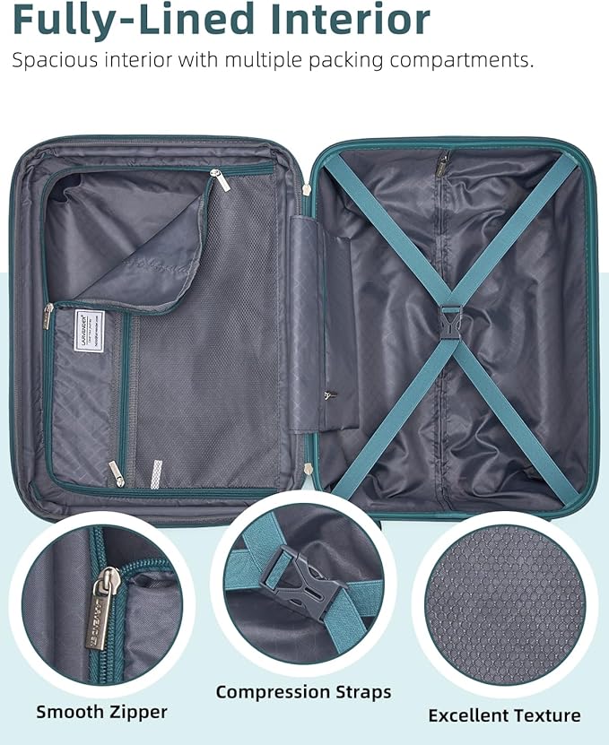 LARVENDER Carry on Luggage 22x14x9 Airline Approved, 20 Inch Hardside Suitcase with Wheels TSA Lock, PC+ABS Lightweight Carry on Suitcases for Women and Men, Lake Green (20/DB/TB)