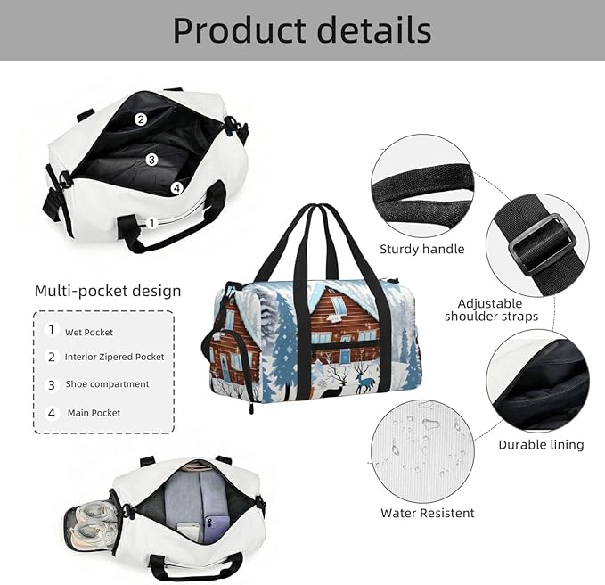 Winter Fawn Print Gym Bag with Shoe Compartment for Women Men, 17.7in Sports Duffle Weekender Tote, Overnight Travel Duffel Bag Carry On